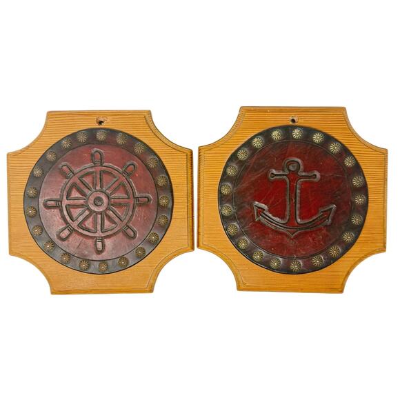 Vintage Nautical Anchor & Ship Wheel Wood Wall Decor Plaques 9"x9" - Picture 1 of 8